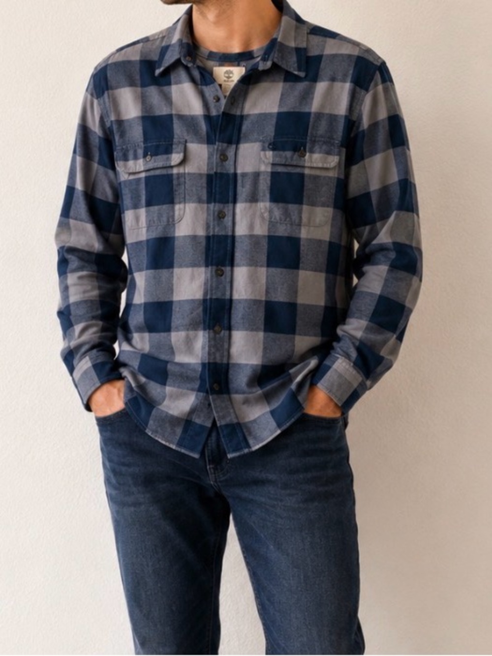 Timberland Men's Navy and Gray Plaid Button-Down Shirt M1